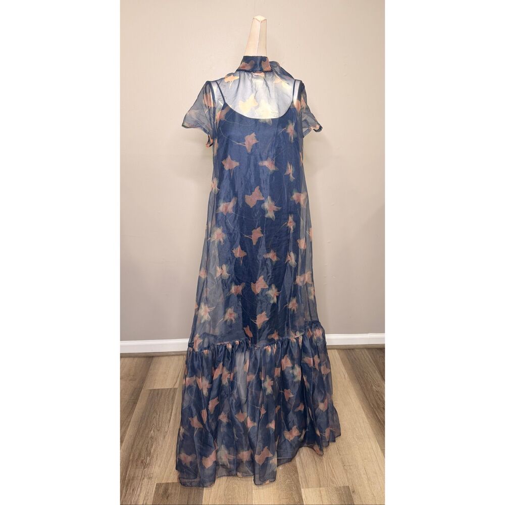 STAUD Calluna Ruffled Sheer Floral Organza Gown IN Lapis Floral Size Large $495 - Picture 5 of 9